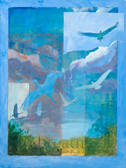 'Breath' - a mixed media painting glowing shades of blue and familis of cranes rising through clouds by artist Dawn Chandler.