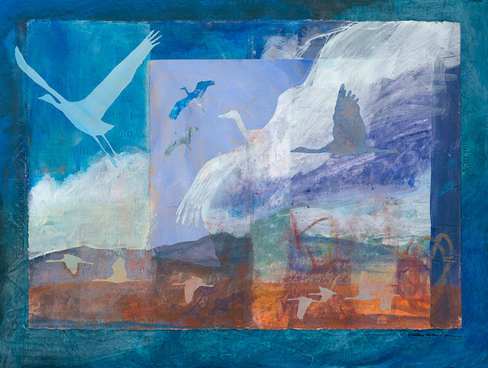 'Into the Beyond' - a mixed media painting in cool shades of blues, greys and earth colors, by artist Dawn Chandler celebrating the Sandhill cranes.