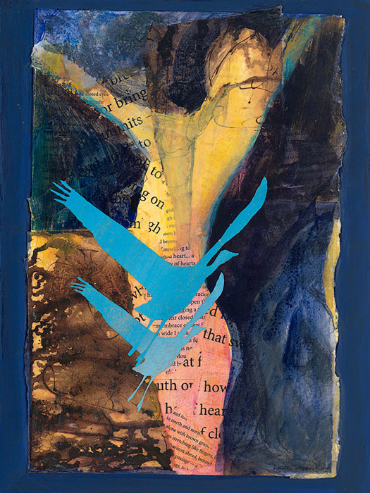 'Ready to Rise' - a mixed media painting featuring a radiant figure with arms open wide and a pair of blue sandhill cranes by artist Dawn Chandler.