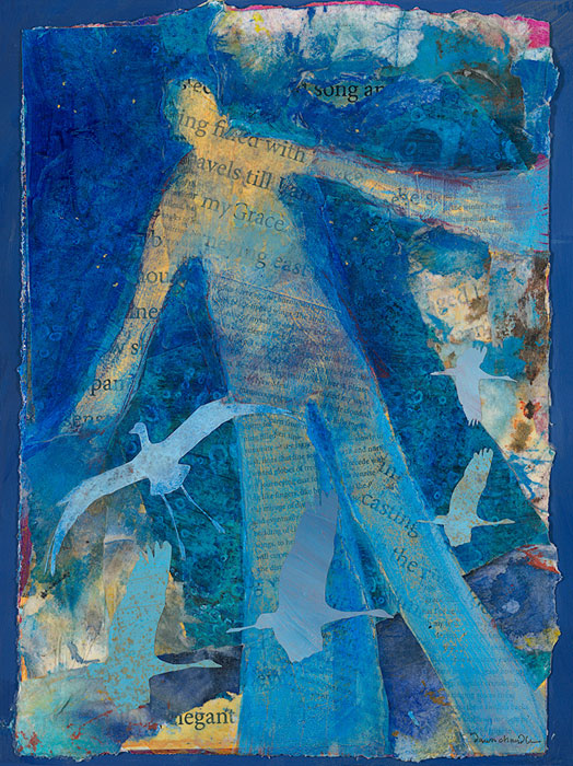 'Spread Your Awkwardly Elegant WIngs" - a mixed media painting featuring a figure with arms wide and a family of blue sandhill cranes by artist Dawn Chandler.