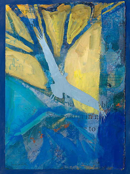 'Thawing, RIsing, Rejoicing' - a mixed media painting featuring a tree, bright light and soaring cranes by artist Dawn Chandler.