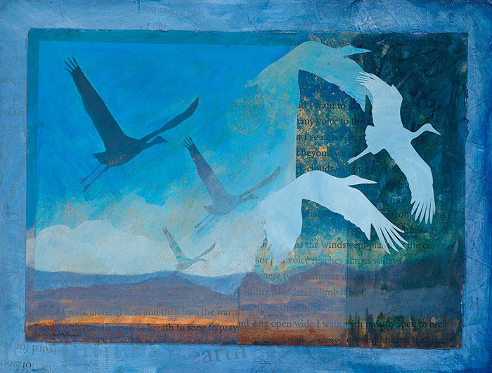'Wings of Earth, Wings of Sky'  a mixed media painting featuring  sandhill cranes silhouetted against the sky by artist Dawn Chandler.