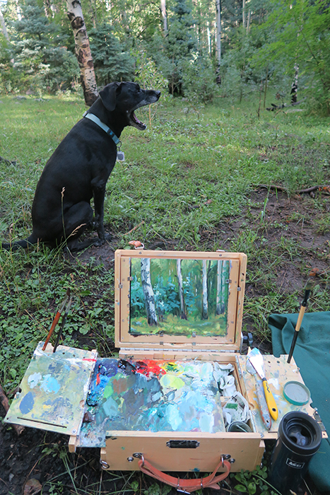 Wilson, artist Dawn Chandler's late great studio mascot and sentry letting out a huge yawn as she impatiently waits for Dawn to finish her plein air painting. Photo by Dawn Chandler.