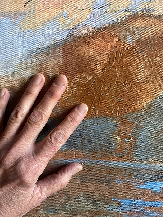Detail of artist Dawn Chandler's semi-abstract New Mexico landscape painting, New Mexico Enchantments, 01, oil on canvas.