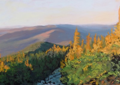 and then there was light ~ sunrise on mt abraham, vermont, traditional oil landscape painting of a scene from backpacking vermont’s long trail, by artist dawn chandler