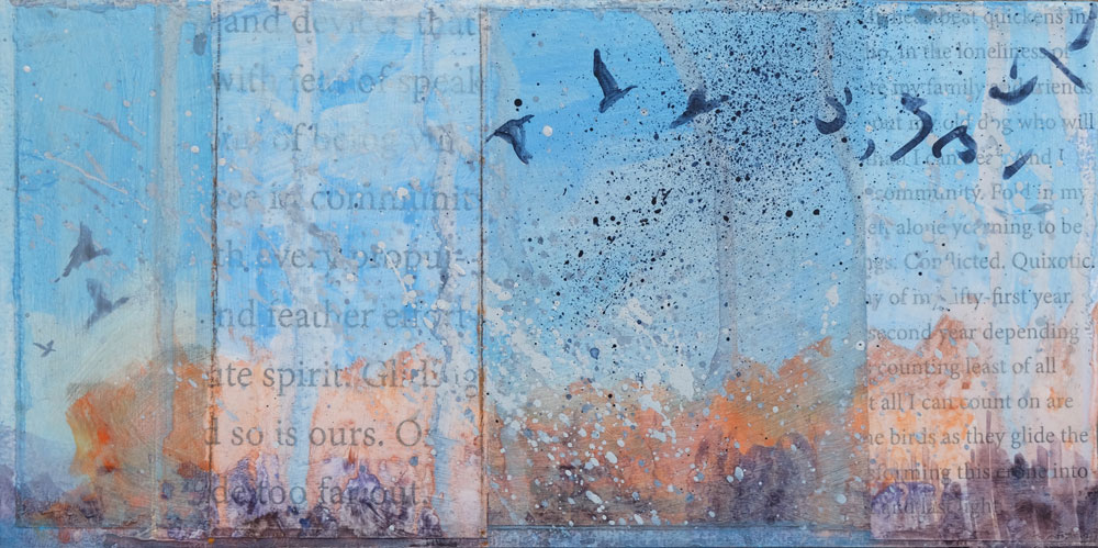 'our spirits gliding' ~ by dawn chandler ~ mixed media on panel ~ 6" x 12"