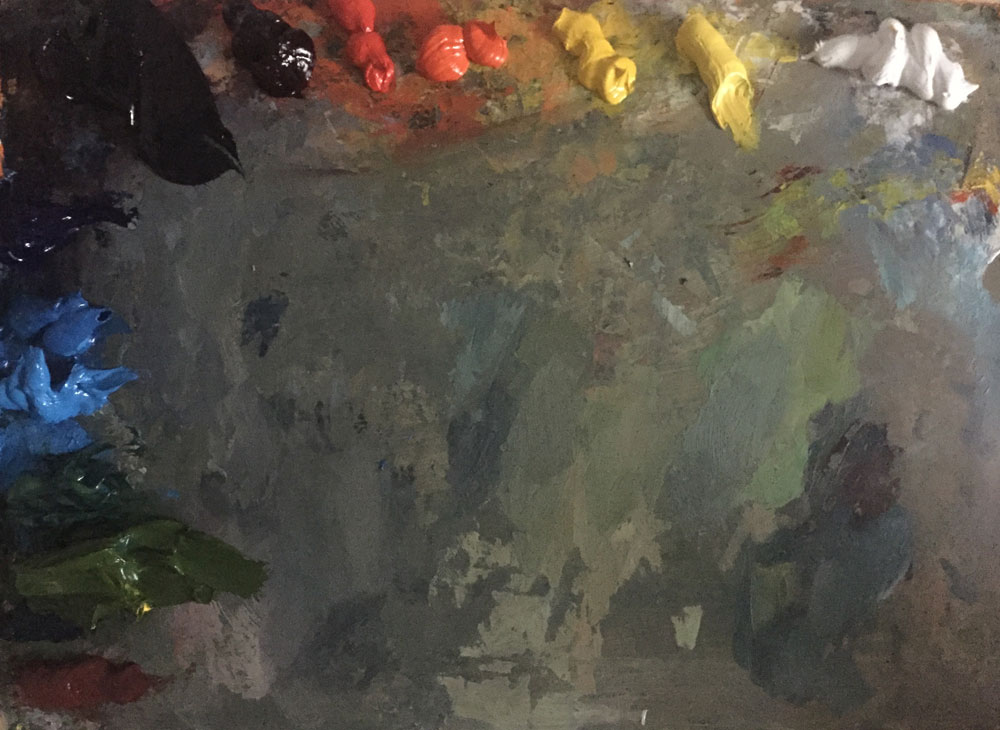 santa fe artist dawn chandler's plein air paint palette before the painting begins!