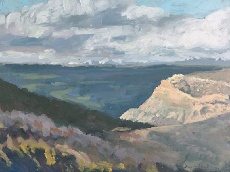 Mesa Verde, February late afternoon distant view, oil landscape painting en plein air by Santa Fe artist Dawn Chandler