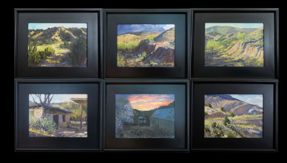 Grid of Dawn Chandler's six completed and framed paintings from the Santa Fe Plein Air Fiesta 2018