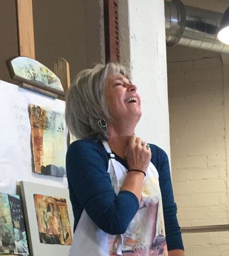 Very joyful artist Joan Fullerton during a workshop demo.