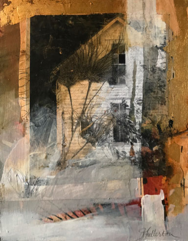 Not Forgotten mixed media painting with house imagery by artist Joan Fullerton