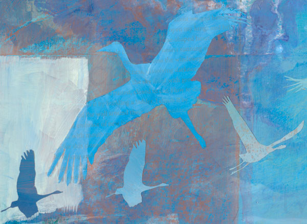 detail from 'Breath' - a mixed media painting by artist Dawn Chandler celebrating the Sandhill cranes.