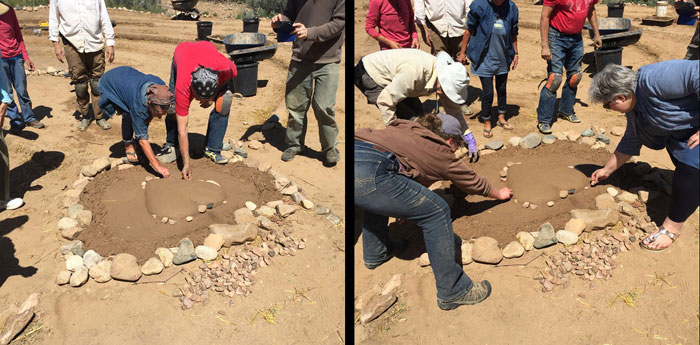 Neighbors gather stones to place around the earthen heart at the Frenchy's Park labyrinth in Santa Fe. Photo by Dawn Chandler.