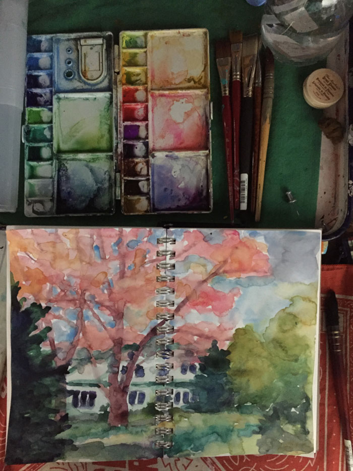 Watercolor sketch of artist Dawn Chandler's childhood home.
