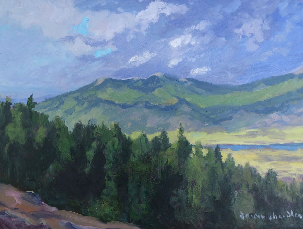 Evening Storm Breaks Over Baldy and Touch-Me-Not, Moreno Valley, New Mexico landscape painting by artist Dawn Chandler