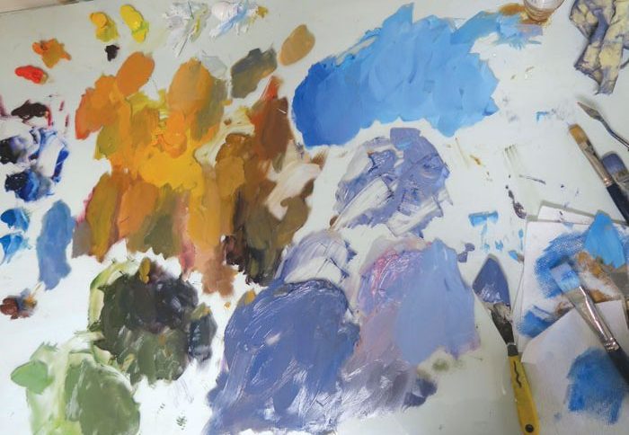 Dawn Chandler's oil paint palette for her New Mexico landscape painting 'Santa Fe September.'