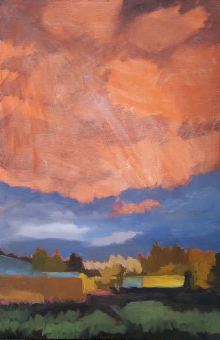 Dawn Chandler starting to add the initial cloud colors in her New Mexico landscape oil painting 'Santa Fe September.'