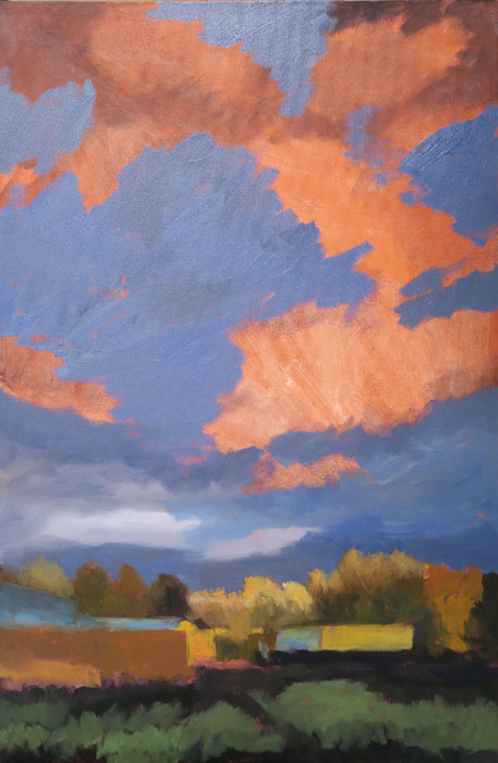 Dawn Chandler building up the clouds in her New Mexico landscape oil painting 'Santa Fe September.'