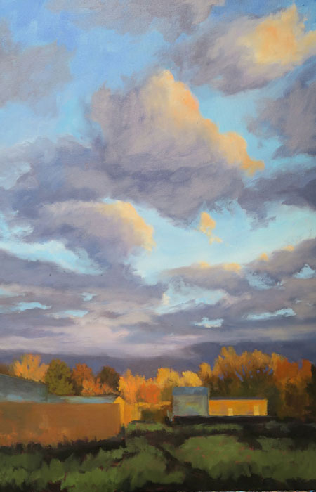 Dawn Chandler's New Mexico landscape oil painting 'Santa Fe September' nearly finished.