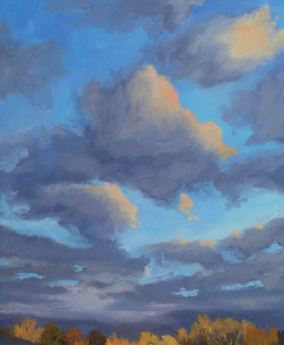 The sky in New Mexico landscape painting, 'Santa Fe September' oil on canvas by artist Dawn Chandler.