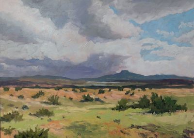 A Rolling Spring Rain Taunts Pedernal - New Mexico oil landscape painting by artist Dawn Chandler