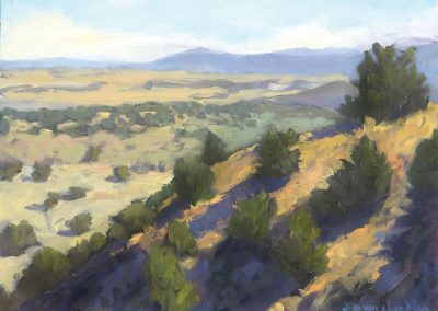 Afternoon Clouds Curve Across the Galisteo Hills - New Mexico landscape oil painting by artist Dawn Chandler