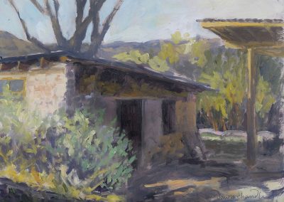 Late Afternoon at Miya's Pottery Shed - Dixon - New Mexico plein air landscape oil painting by artist Dawn Chandler