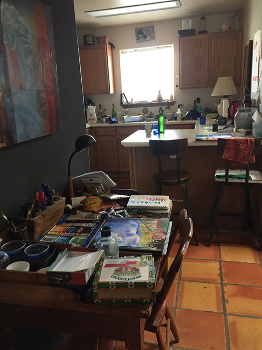 Artist Dawn Chandler's watercolor set up near her kitchen.