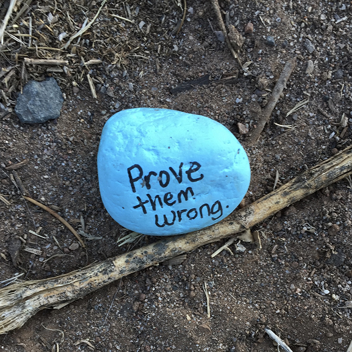 Prove Them Wrong. Blue stone quotation art east side of the Sandias. Photo by Dawn Chandler.