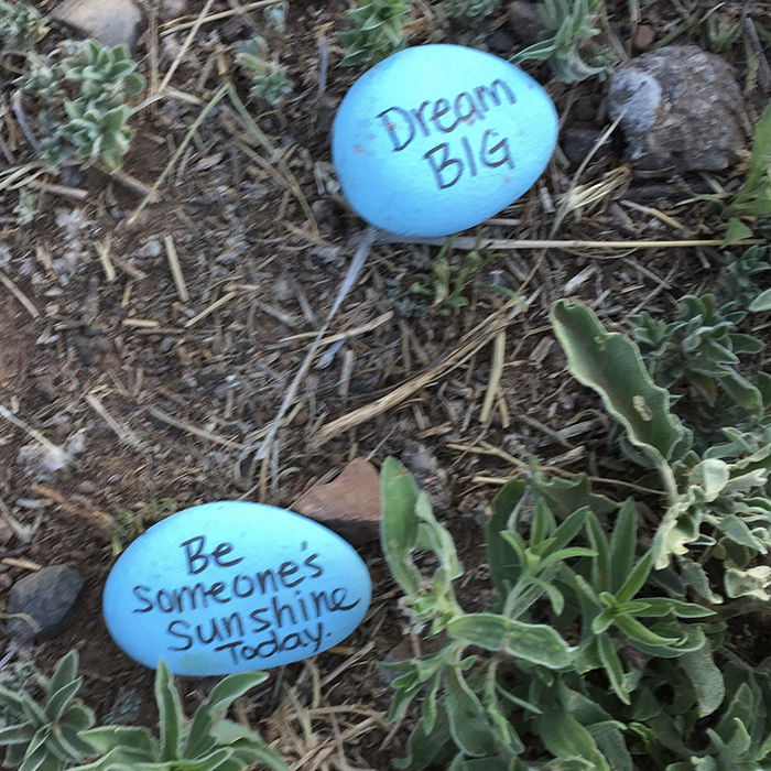 Blue stone quotation art east side of the Sandias. Photo by Dawn Chandler.