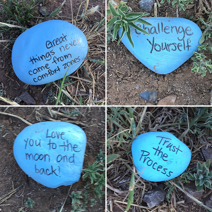 Blue stone quotation art east side of the Sandias. Photo by Dawn Chandler.