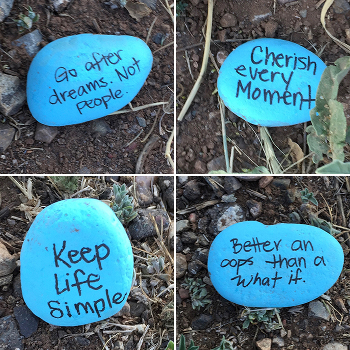 Blue stone quotation art east side of the Sandias. Photo by Dawn Chandler.