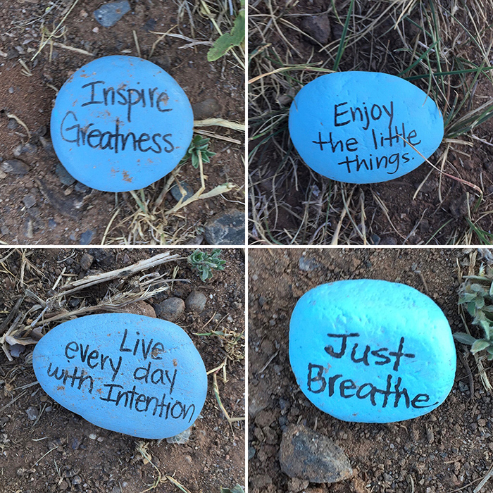 Blue stone quotation art east side of the Sandias. Photo by Dawn Chandler.