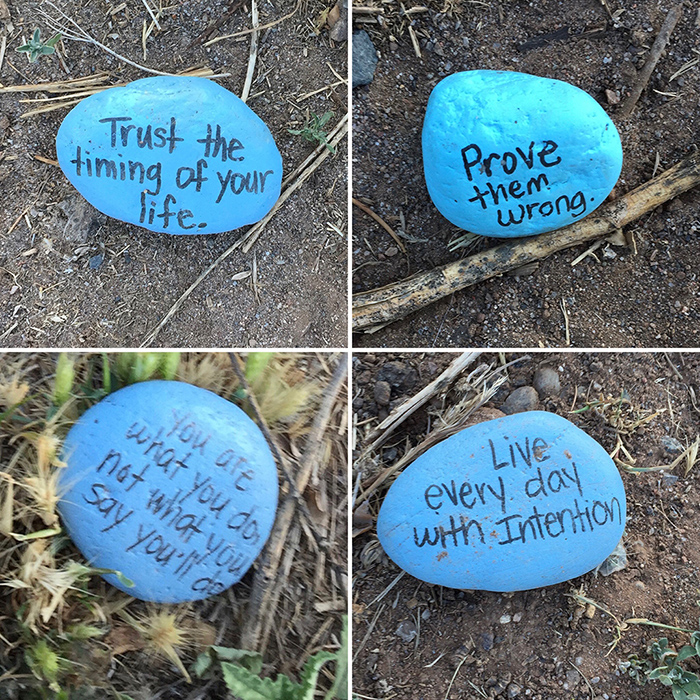 Blue stone quotation art east side of the Sandias. Photo by Dawn Chandler.