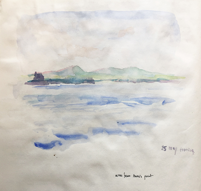 Watercolor sketch of view across Frenchman's Bay, Mt Desert Island, by artist Dawn Chandler.