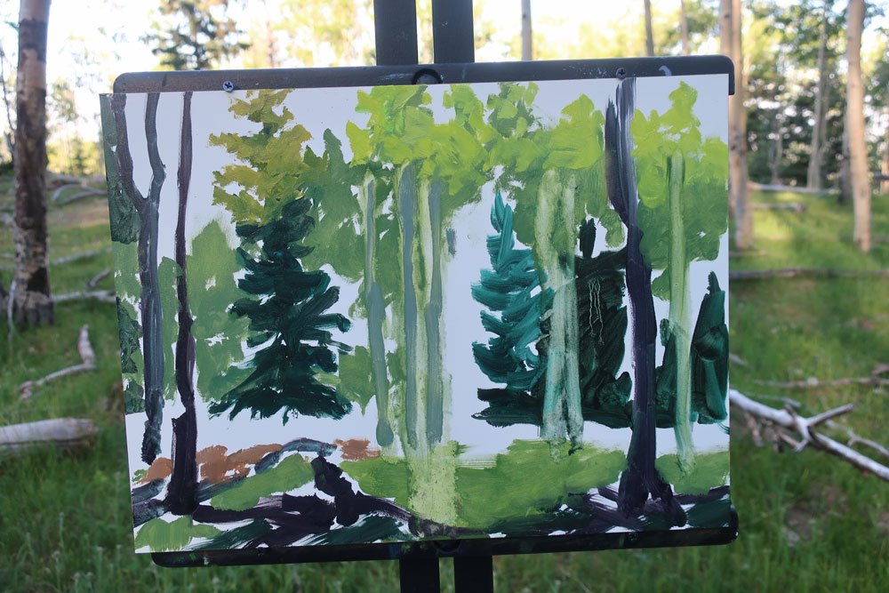 Aspen forest plein air painting by Dawn Chandler - adding lighter and more varied greens.