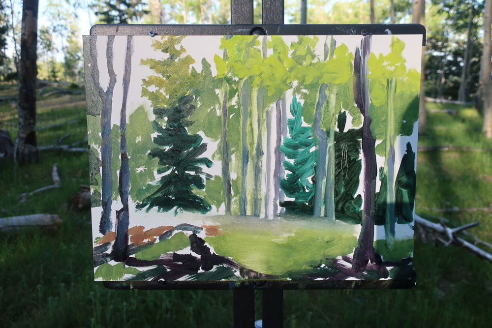 Aspen forest plein air painting by Dawn Chandler - adding still more lighter greens to the trees.