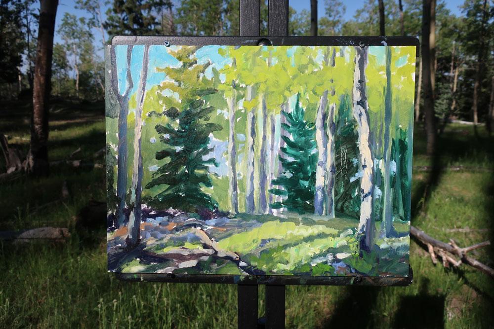 My Aspen Morning, by New Mexico artist Dawn Chandler
oil on panel en plein air, 9" x 12"