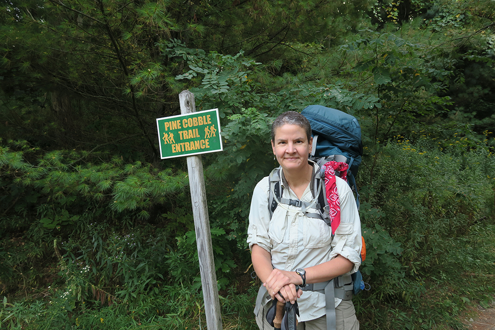 Artist Dawn Chandler starting her Walk across Vermont at the Pine Cobble Trail in NW Massachusetts. Photo by Heather Coburn Snyder.