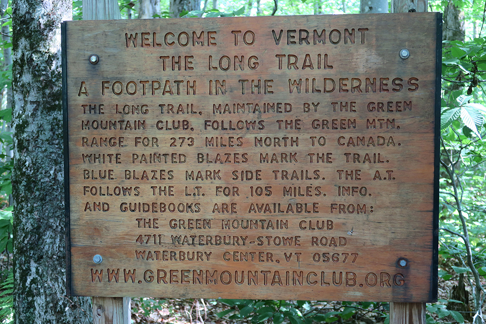 Welcome to Vermont The Long Trail sign at the Mass/VT border. Photo by Dawn Chandler. 