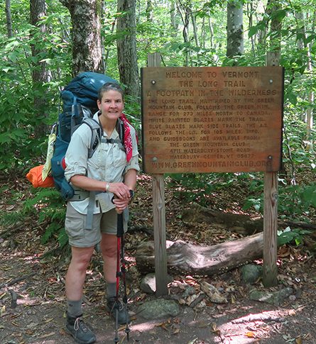 NOBO Long Trail Thru-hiker, Dawn Chandler, at the Massachusetts/Vermont border and start of the Long Trail.