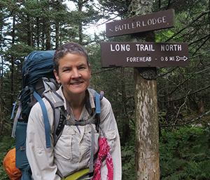 Artist and LT NOBO Thru-hiker Dawn 'TaosDawn' Chandler heading across the top of Mount Mansfield on Vermont's Long Trail.