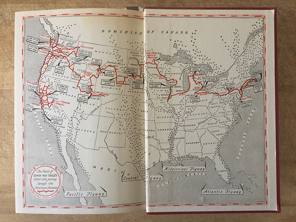 Map of Edwin Way Teale's epic road trip on the inside cover of Autumn Across America.