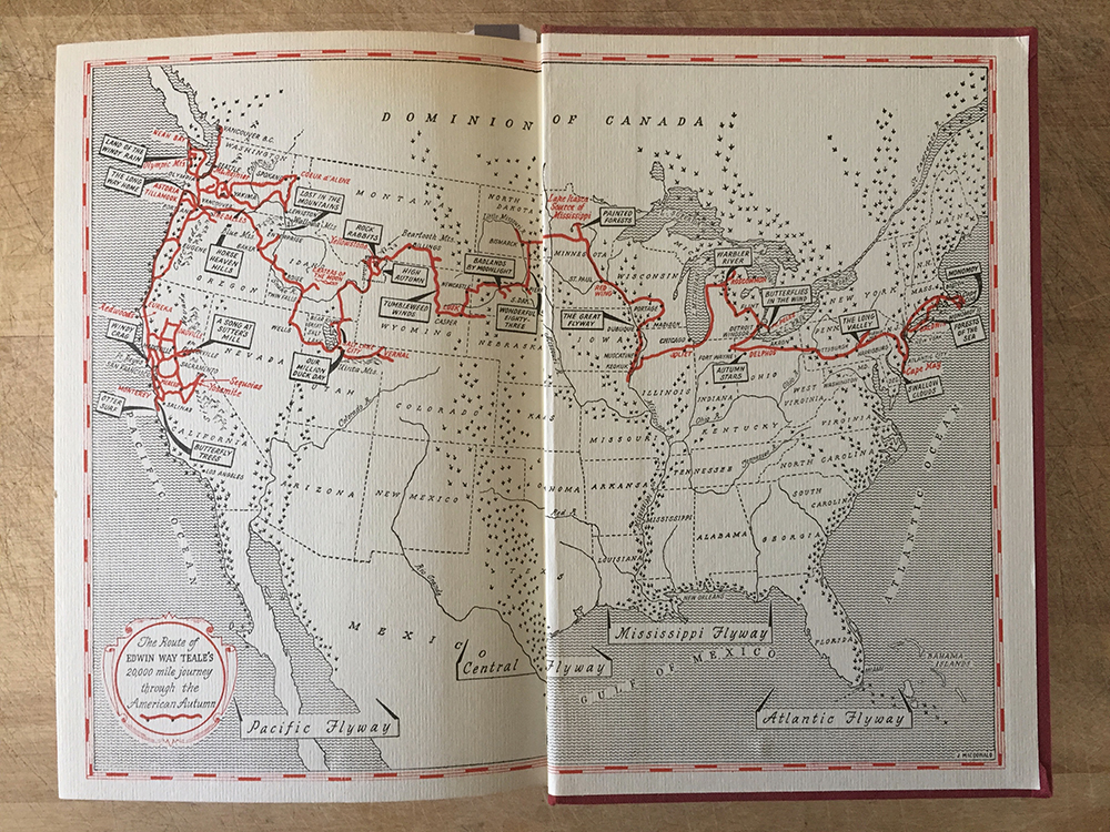 Map of Edwin Way Teale's epic road trip on the inside cover of Autumn Across America.
