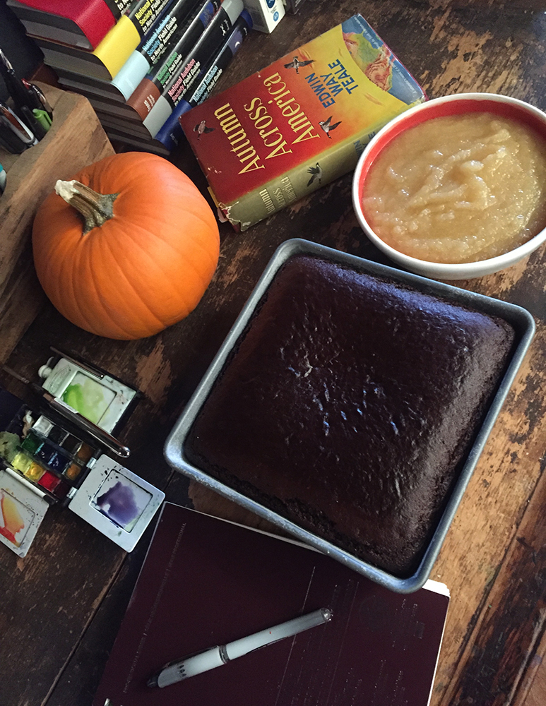 Homemade gingerbread, applesauce and a copy of Autumn Across America on Dawn Chandler's hall table. Photo by Dawn Chandler