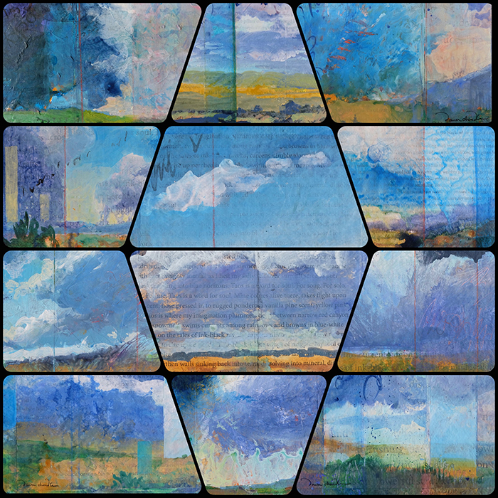 A digital collage of segments of New Mexico Sky Musings, a new series of semi-abstract landscape paintings by artist Dawn Chandler.