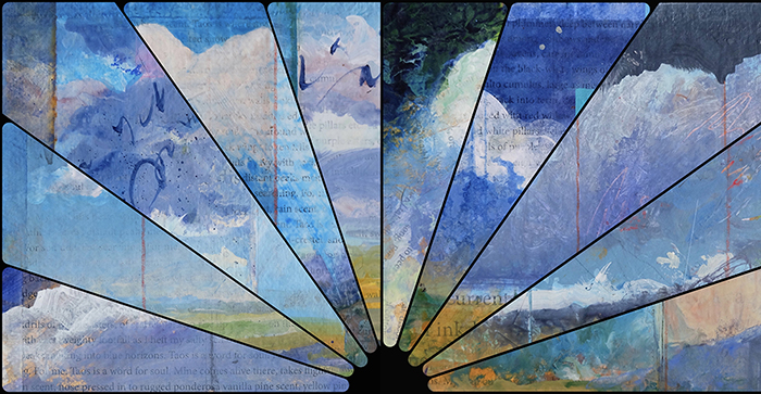 A digital collage of segments of New Mexico Sky Musings, a new series of semi-abstract landscape paintings by artist Dawn Chandler.