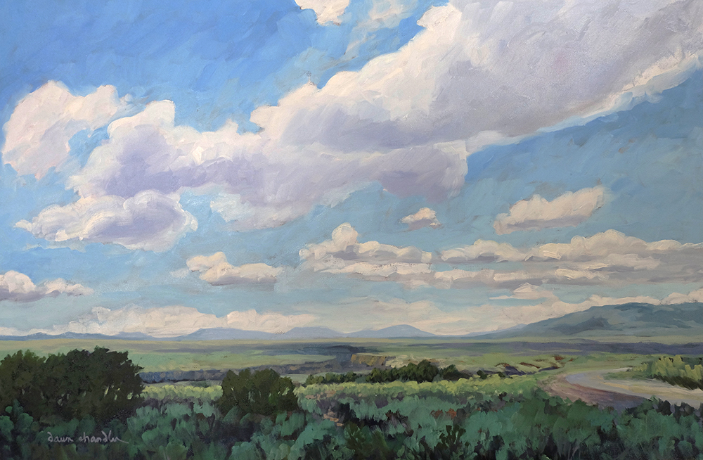 New Mexico Big Sky Vista, No 3 - Taos Calling Me Home, contemporary landscape painting of Taos' Rio Grande Gorge, in oil by artist Dawn Chandler