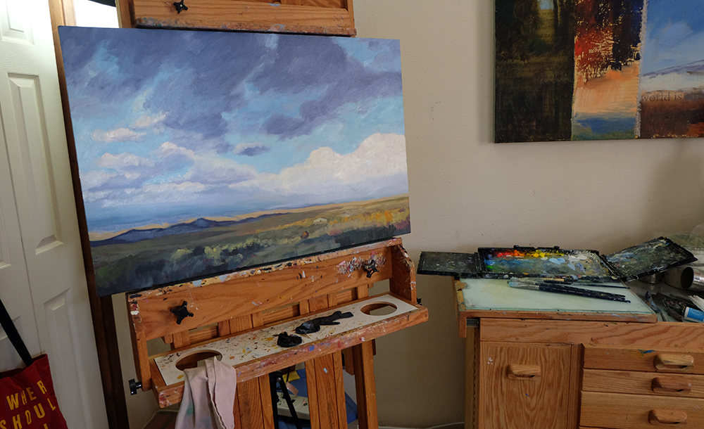 Landscape painting in progress - Autumn Morning, Brush Creek Ranch, Wyoming, by Dawn Chandler