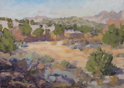 finding peace away in the arroyo, oil on panel, New Mexico plein air landscape painting by santa fe artist dawn chandler